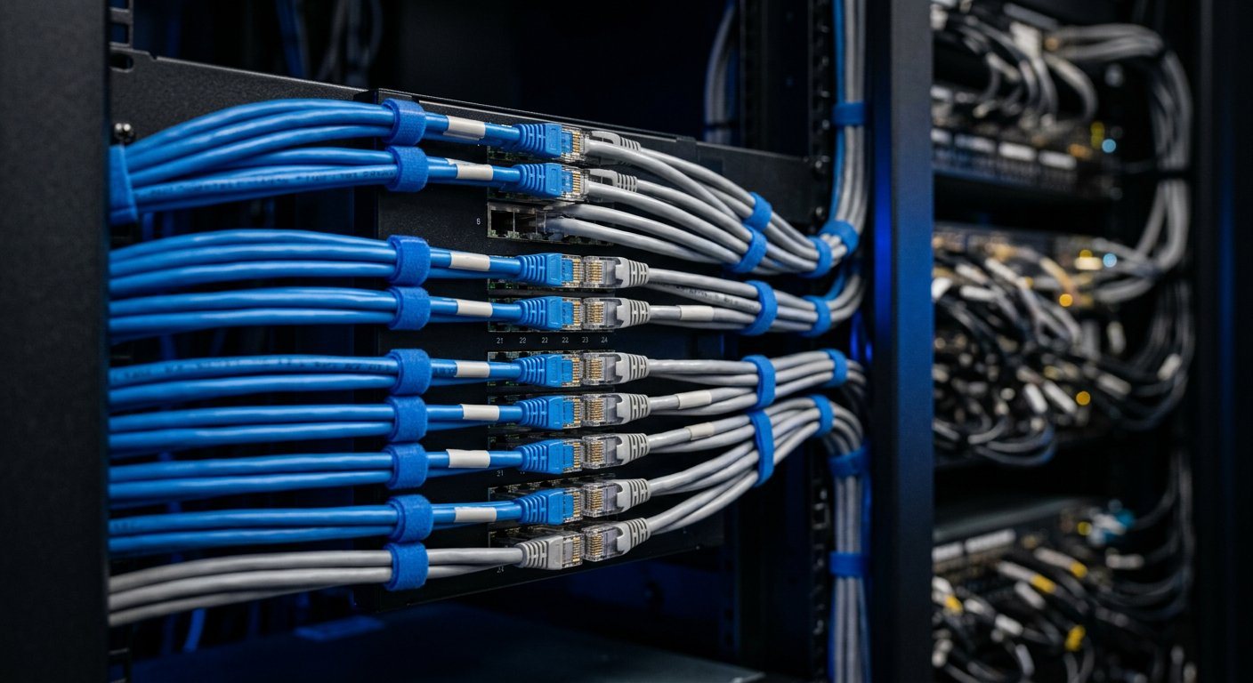 Neatly dressed structured network cabling in an enterprise server rack