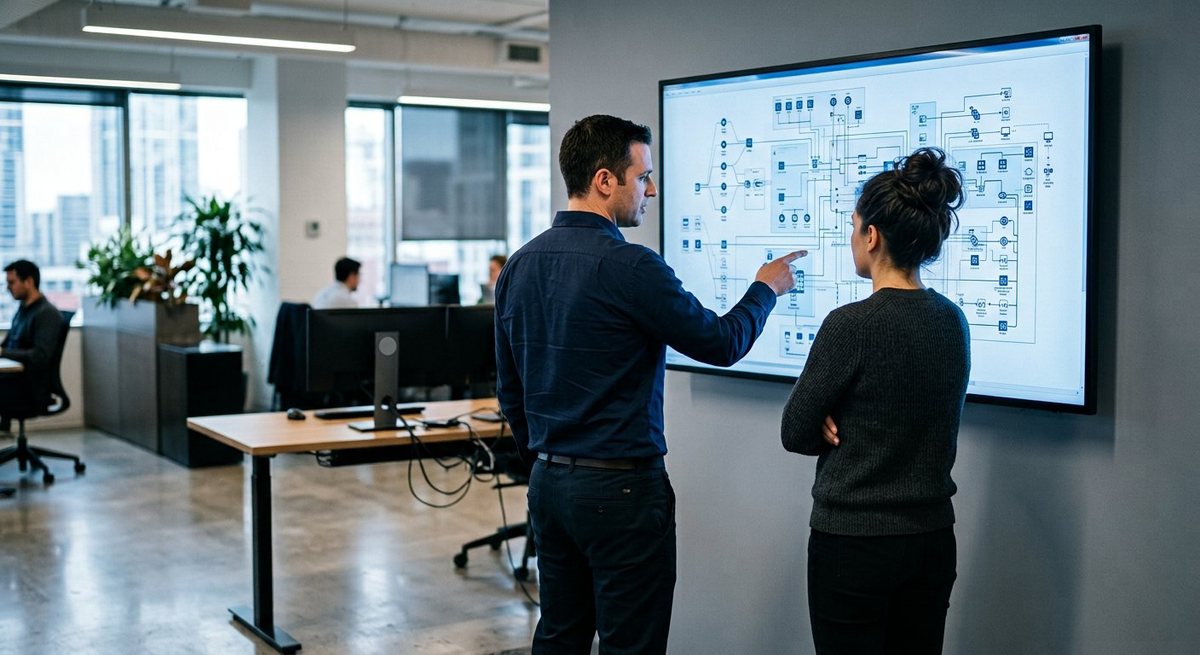 Two infrastructure engineers reviewing a network architecture diagram on a wall-mounted display