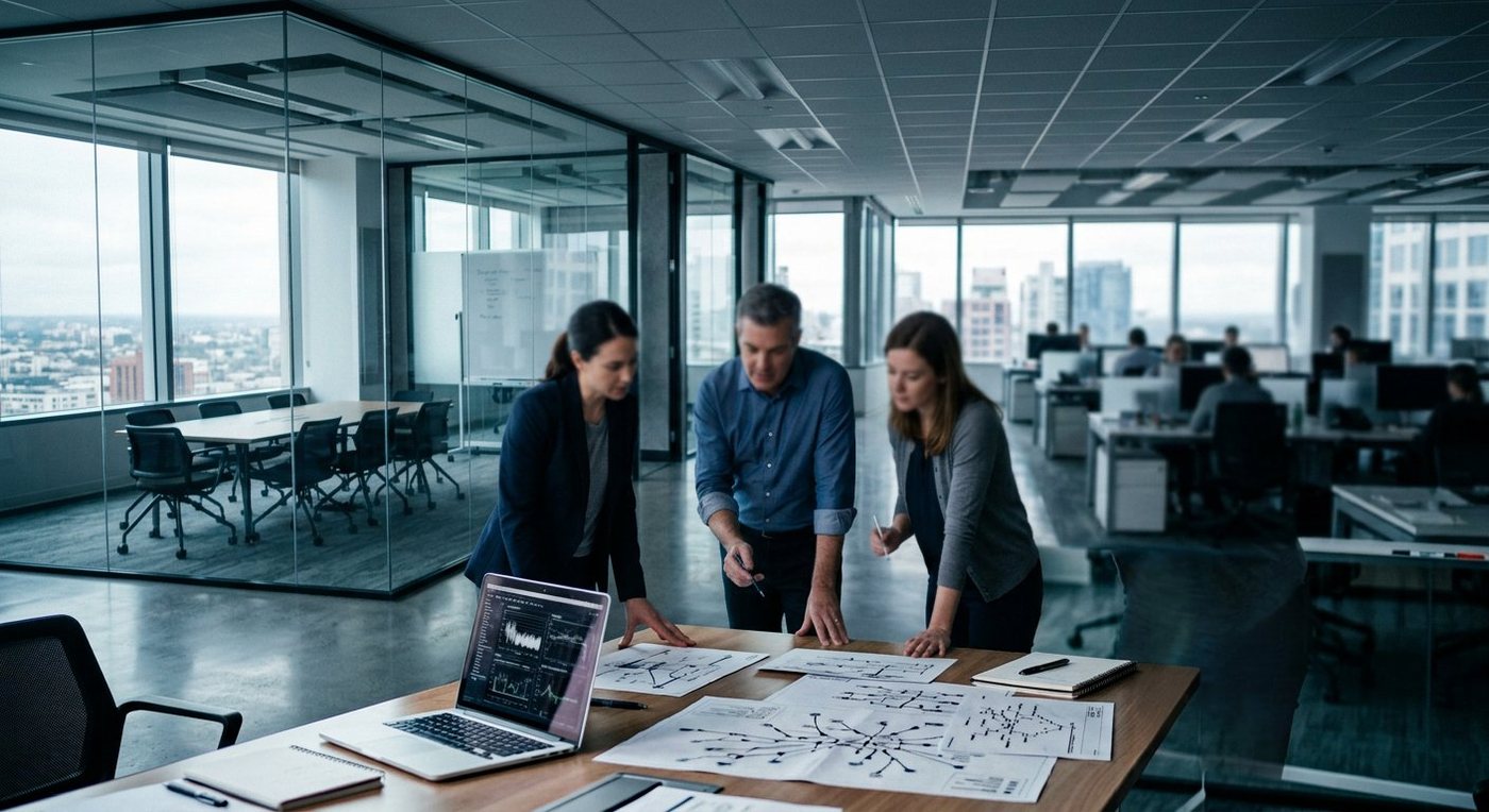 Consultants and client engineers planning an infrastructure migration around printed network diagrams
